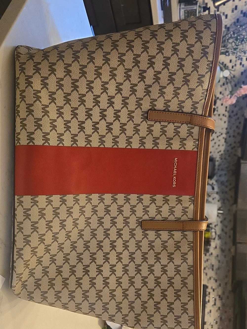 Michael Kors Tan Monogram Tote with Red Center Stripe